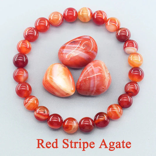 Natural Red Stripe Agate & Carnelian Bead Bracelet โ Healing Crystal Jewelry for Men & Women