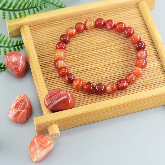 Natural Red Stripe Agate & Carnelian Bead Bracelet โ Healing Crystal Jewelry for Men & Women