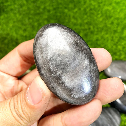 1PC Silver Golden Obsidian Palm Stone – Natural Oval Crystal for Feng Shui, Healing & Meditation