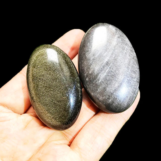 1PC Silver Golden Obsidian Palm Stone – Natural Oval Crystal for Feng Shui, Healing & Meditation