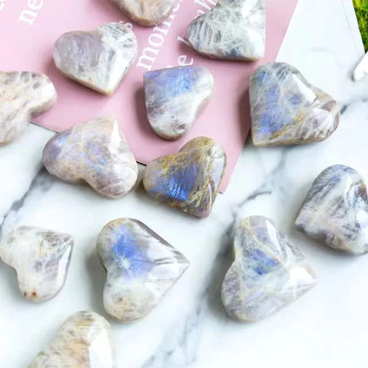 1PC Rare Blue Moonstone Heart – Natural Crystal Carving for Feng Shui, Healing & Meditation